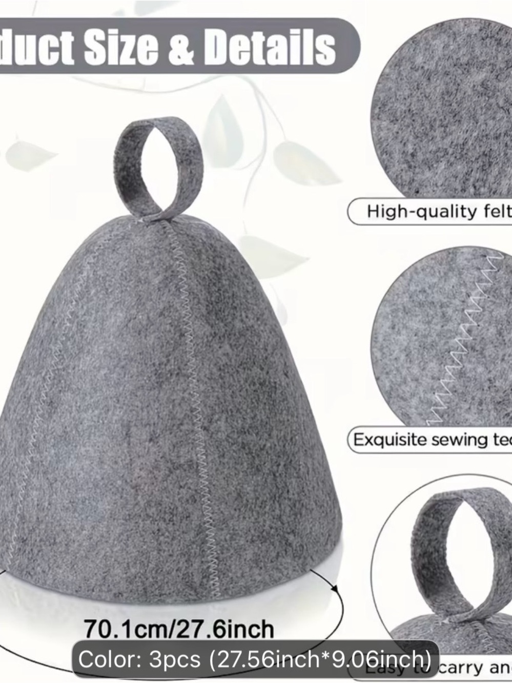 Gray Felt Sauna Hat Trio with Hanging Loop - Picture 2 of 4